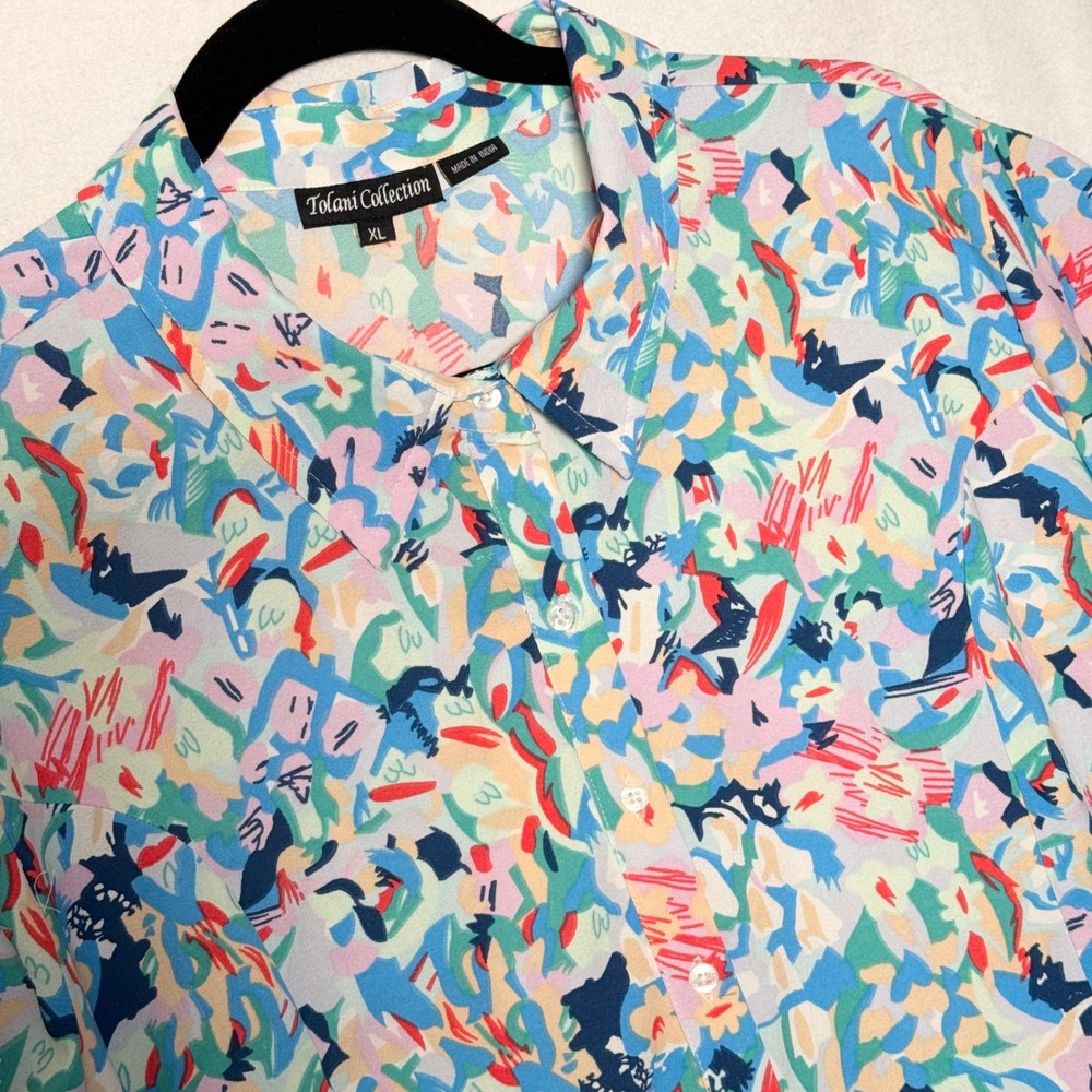 Tolani Collection Abstract Print Button Down Shirt Dress XL Multicolor Short Slv